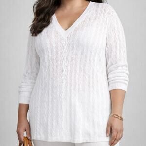 Lauren Ralph Lauren 100% Linen Open Knit V-Neck Sweater 2X Cream